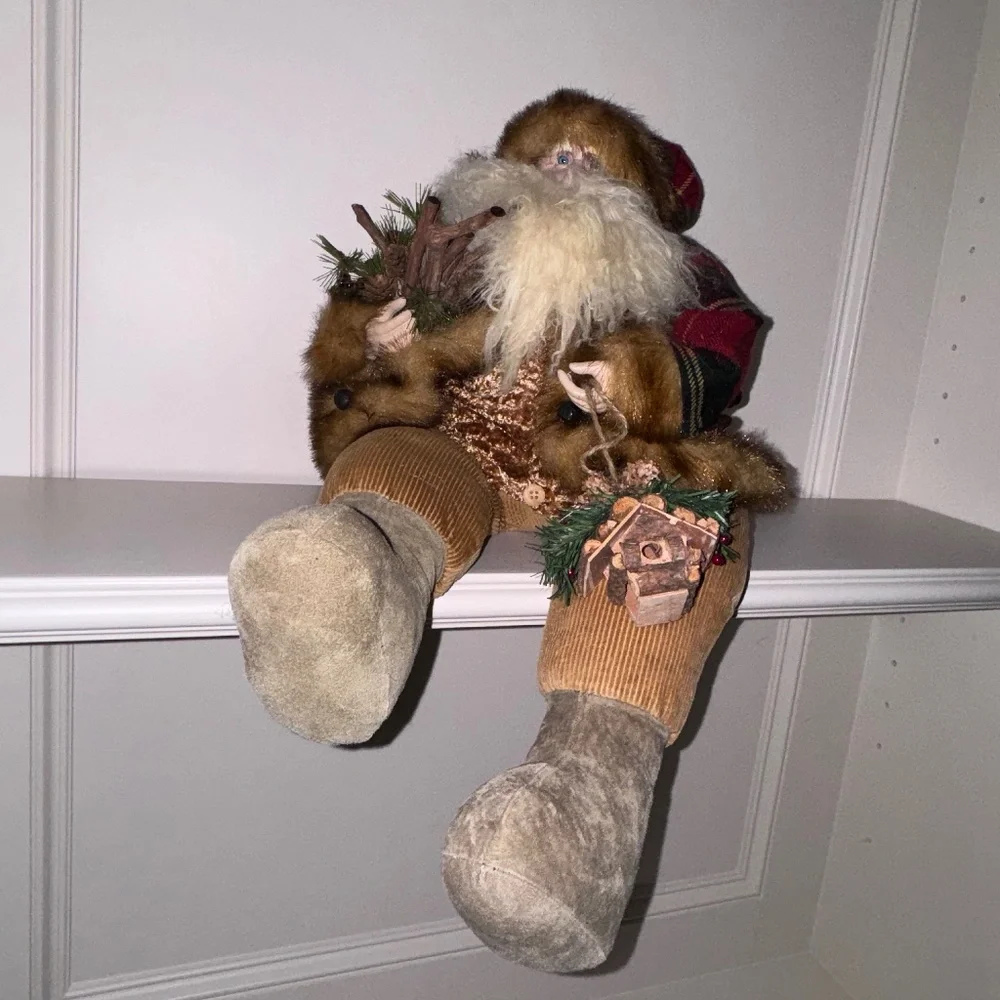 Vintage Santa Claus Shelf Sitter Red/Green Plaid Birdhouse Pinecones Berries - Picture 3 of 7